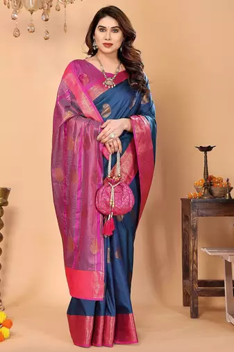 Dark blue silk blend woven zari work saree with blouse