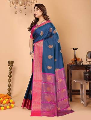 Dark blue silk blend woven zari work saree with blouse 4