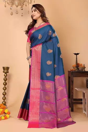Dark blue silk blend woven zari work saree with blouse