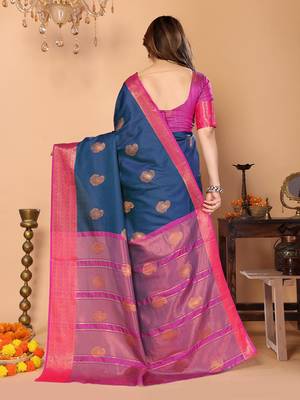 Dark blue silk blend woven zari work saree with blouse 5