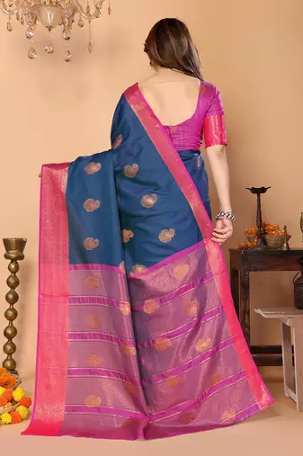 Dark blue silk blend woven zari work saree with blouse