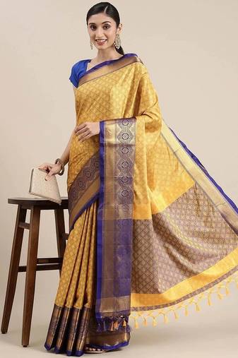 Yellow blended cotton  zari work saree with blouse