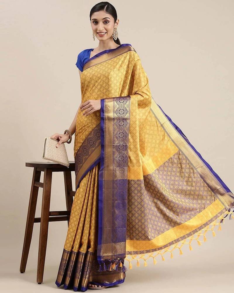 Yellow blended cotton  zari work saree with blouse