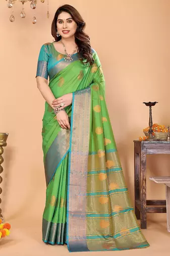 Light green silk blend woven zari work saree with blouse