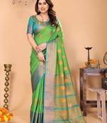 Light green silk blend woven zari work saree with blouse