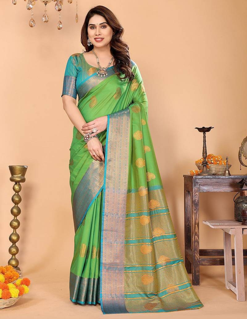 Light green silk blend woven zari work saree with blouse