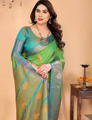 Light green silk blend woven zari work saree with blouse 2