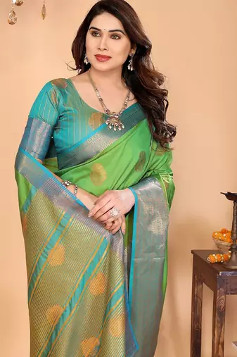 Light green silk blend woven zari work saree with blouse