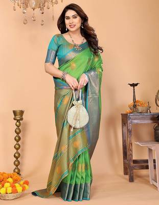 Light green silk blend woven zari work saree with blouse 3