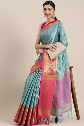 Light blue blended cotton  zari work saree with blouse