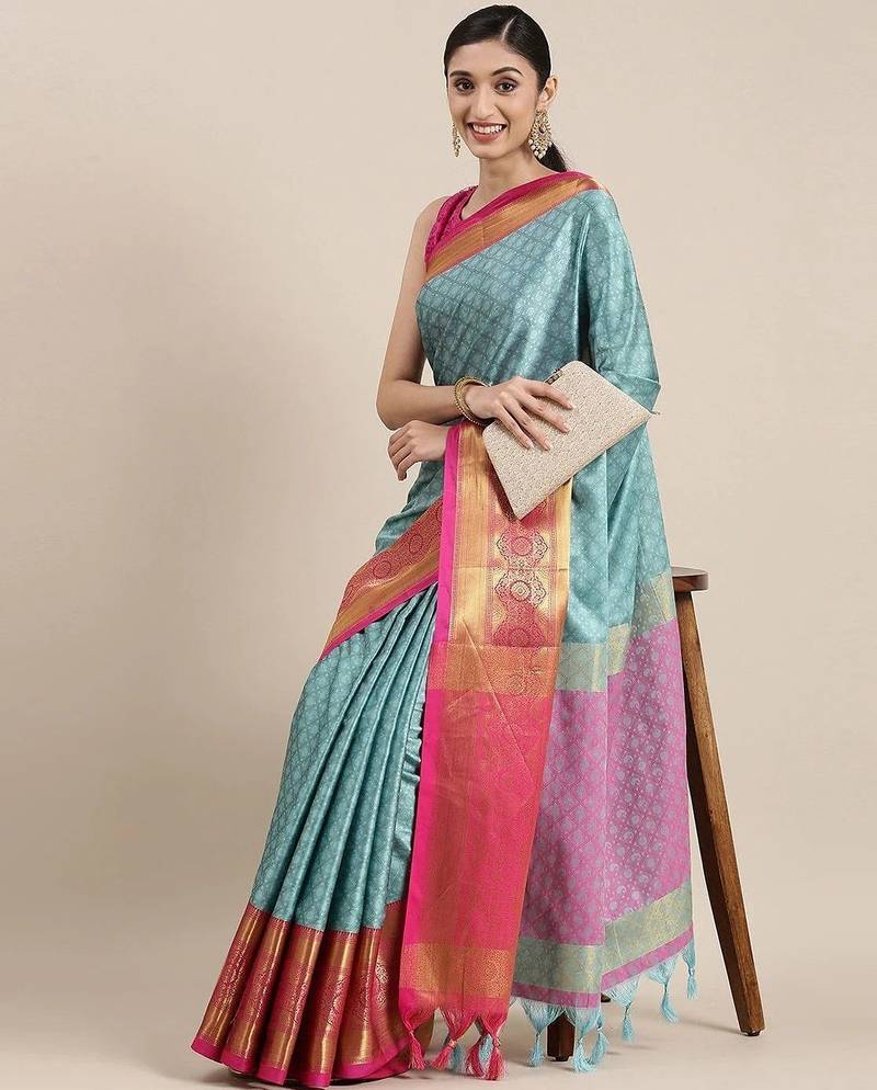 Light blue blended cotton  zari work saree with blouse