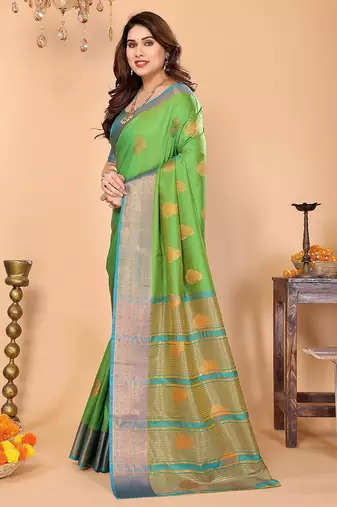 Light green silk blend woven zari work saree with blouse