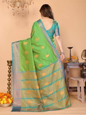 Light green silk blend woven zari work saree with blouse 5