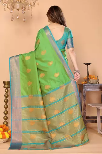 Light green silk blend woven zari work saree with blouse