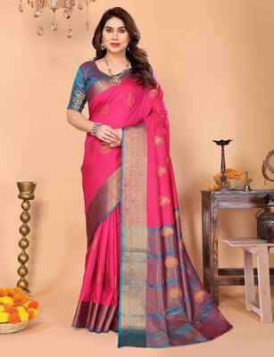 Pink blue silk blend woven zari work saree with blouse 1
