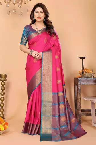 Pink blue silk blend woven zari work saree with blouse