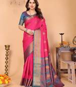 Pink blue silk blend woven zari work saree with blouse