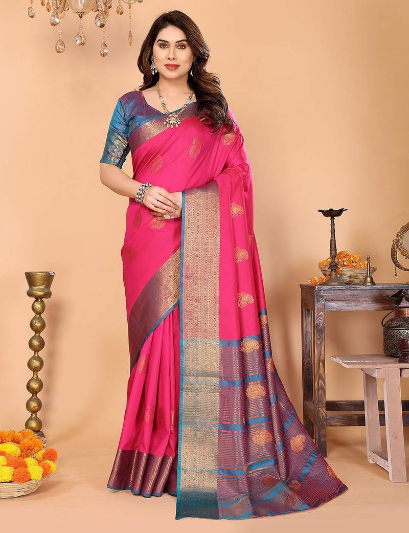 Pink blue silk blend woven zari work saree with blouse