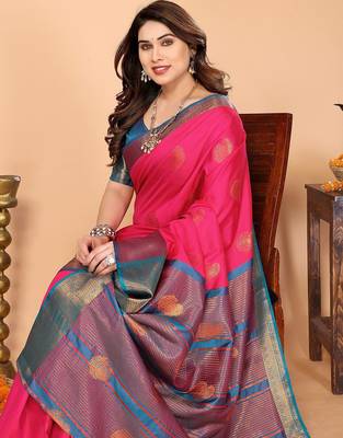 Pink blue silk blend woven zari work saree with blouse 2