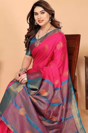 Pink blue silk blend woven zari work saree with blouse