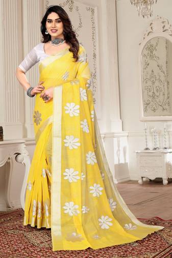 Yellow chanderi  zari work saree with blouse