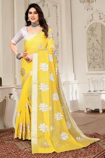 Yellow chanderi  zari work saree with blouse