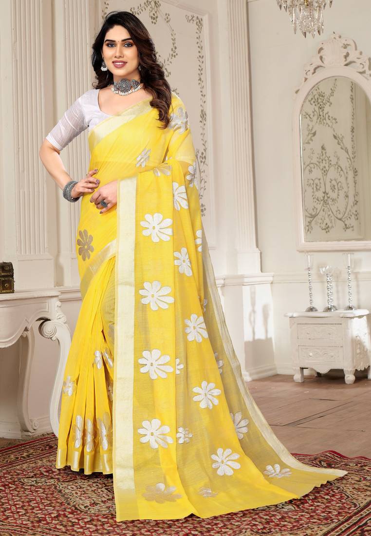 Yellow chanderi  zari work saree with blouse