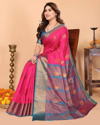 Pink blue silk blend woven zari work saree with blouse 3