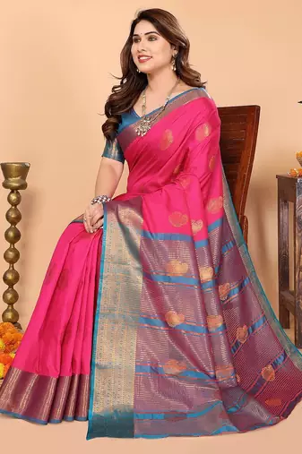 Pink blue silk blend woven zari work saree with blouse