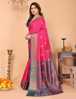 Pink blue silk blend woven zari work saree with blouse 4