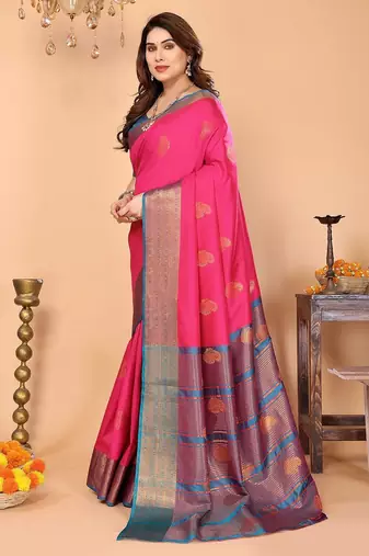 Pink blue silk blend woven zari work saree with blouse