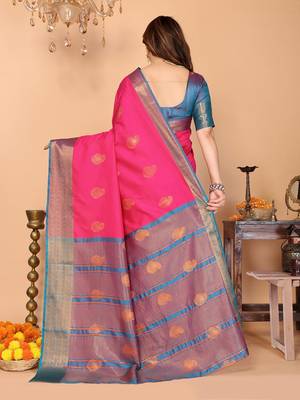 Pink blue silk blend woven zari work saree with blouse 5