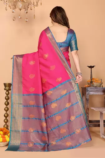 Pink blue silk blend woven zari work saree with blouse