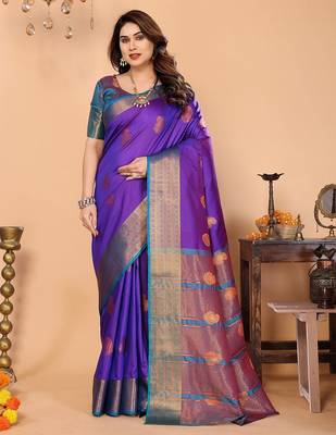 Purple silk blend woven zari work saree with blouse 1