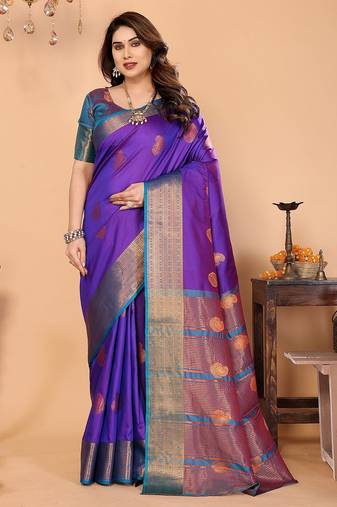 Purple silk blend woven zari work saree with blouse