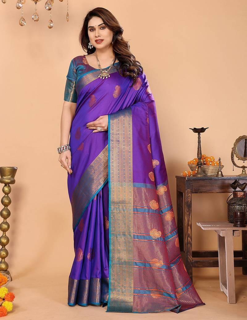 Purple silk blend woven zari work saree with blouse