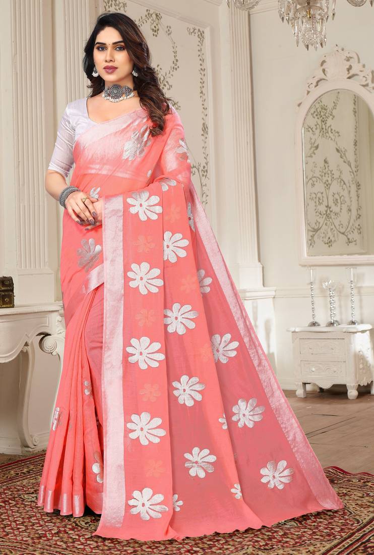 Pink chanderi  zari work saree with blouse