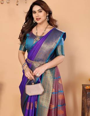 Purple silk blend woven zari work saree with blouse 2