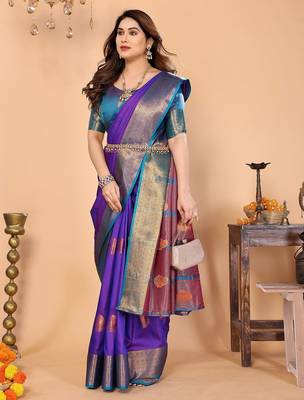 Purple silk blend woven zari work saree with blouse 3