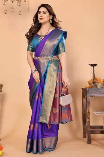 Purple silk blend woven zari work saree with blouse