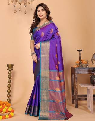 Purple silk blend woven zari work saree with blouse 4