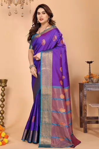 Purple silk blend woven zari work saree with blouse