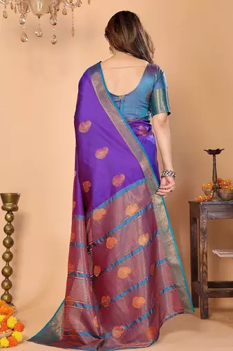 Purple silk blend woven zari work saree with blouse
