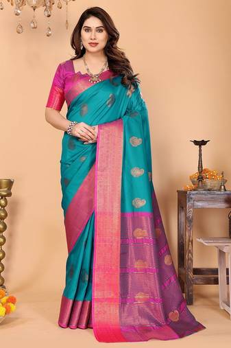 Green pink silk blend woven zari work saree with blouse