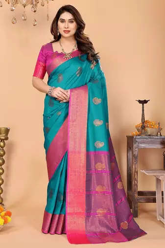 Green pink silk blend woven zari work saree with blouse