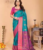Green pink silk blend woven zari work saree with blouse