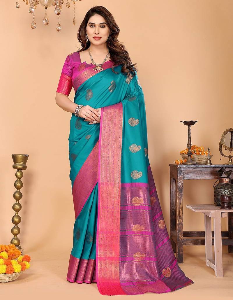 Green pink silk blend woven zari work saree with blouse