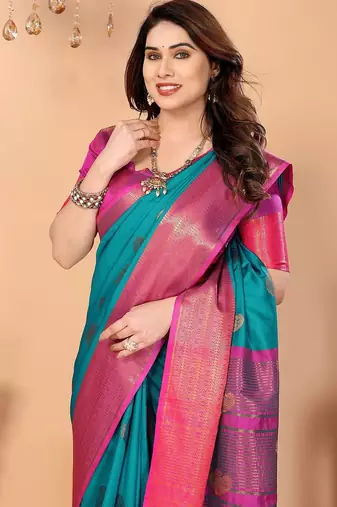 Green pink silk blend woven zari work saree with blouse