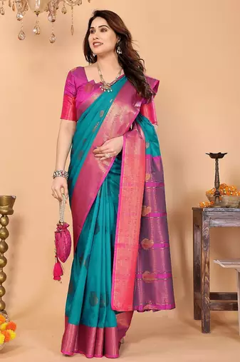 Green pink silk blend woven zari work saree with blouse