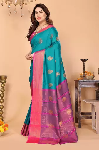 Green pink silk blend woven zari work saree with blouse